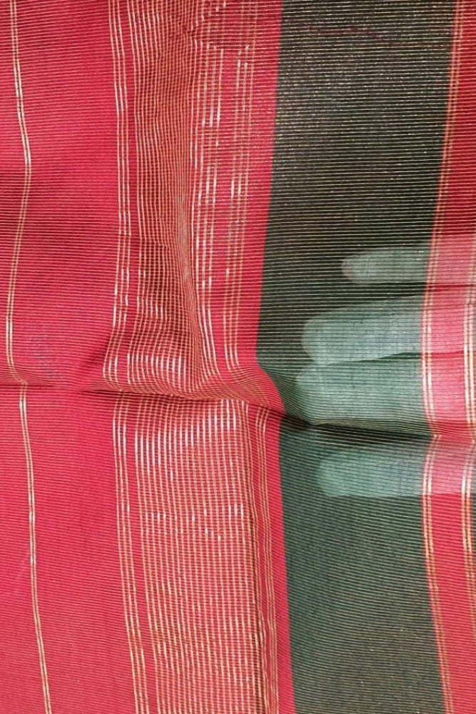 Pure Maheshwari Tissue Sari Bottle Green color saree with Rose Red pallu zari border. all over zari lines wedding kitty griha prawesh party light weight easy to carry breezy
