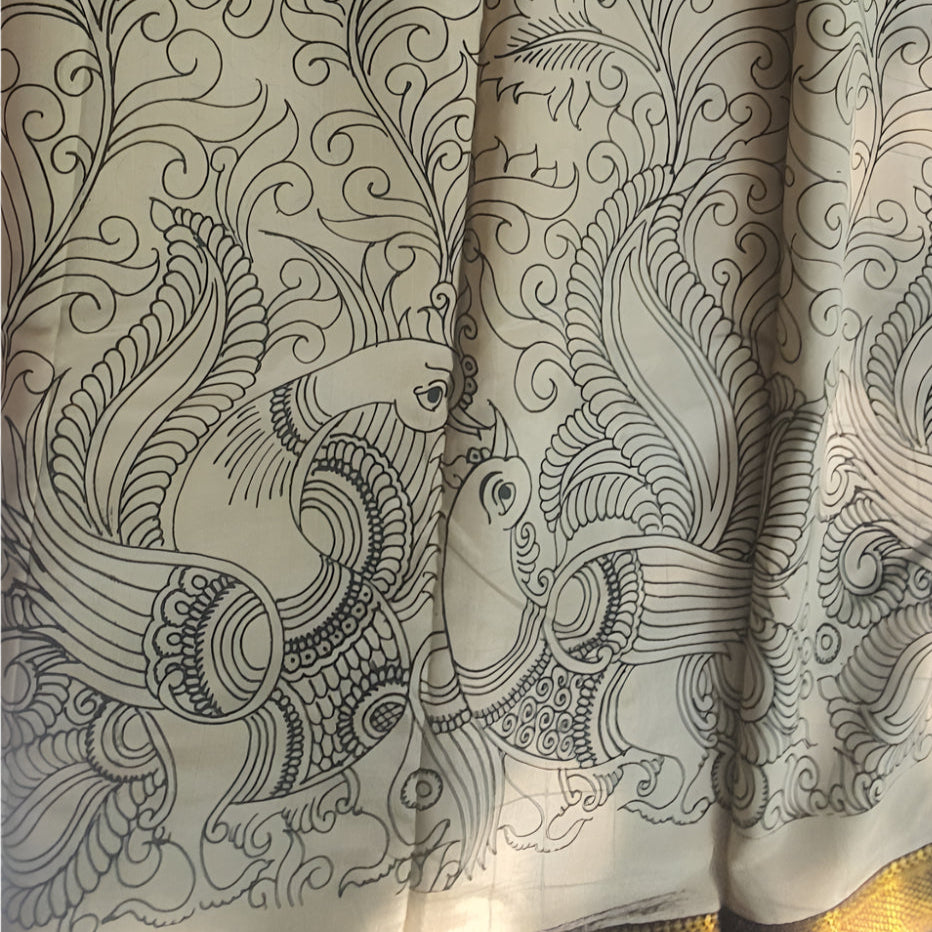 pen drawn handpainted kalamkari saree pure mangalgiri silk