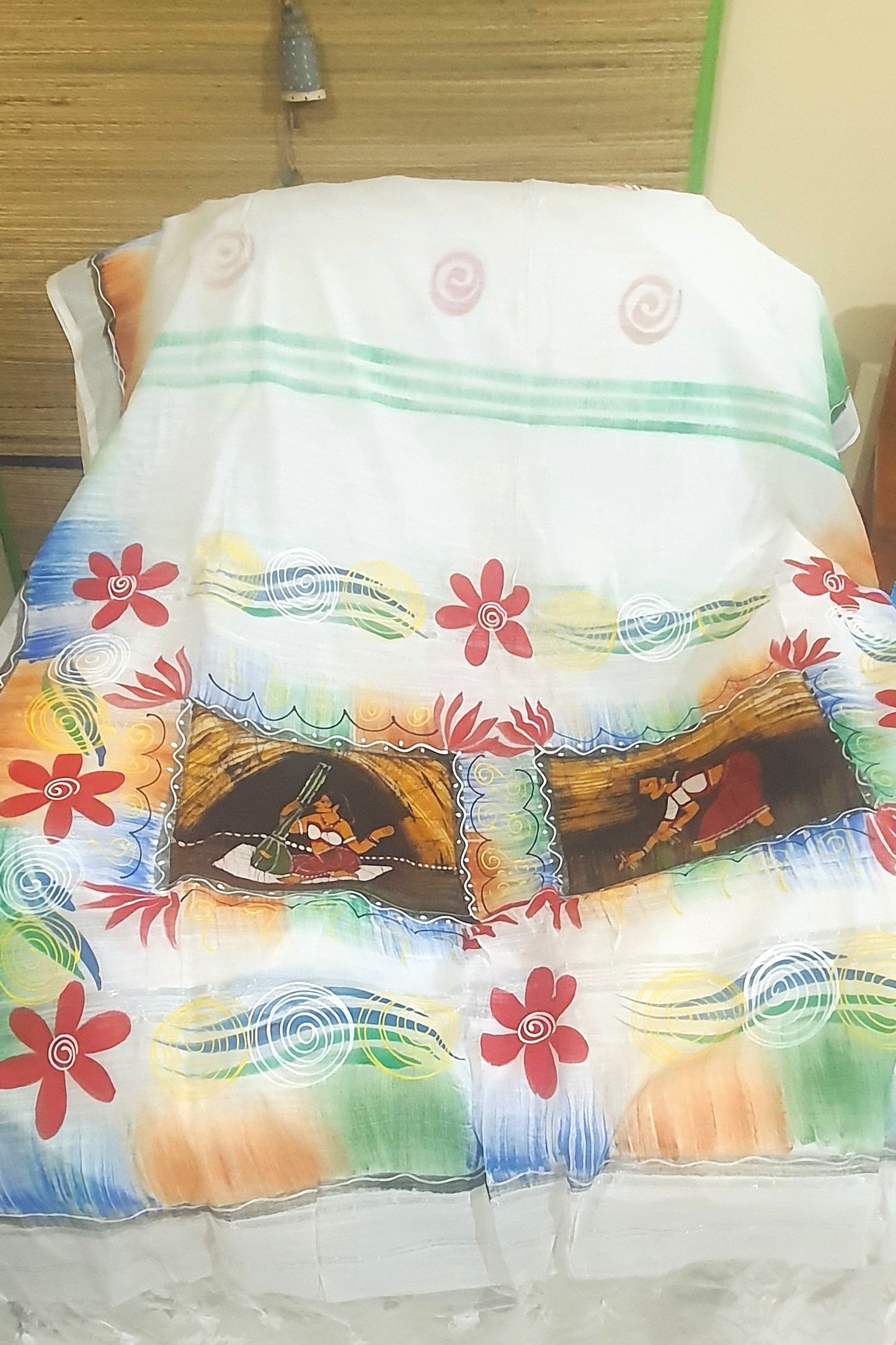 White hand painted cotton saree