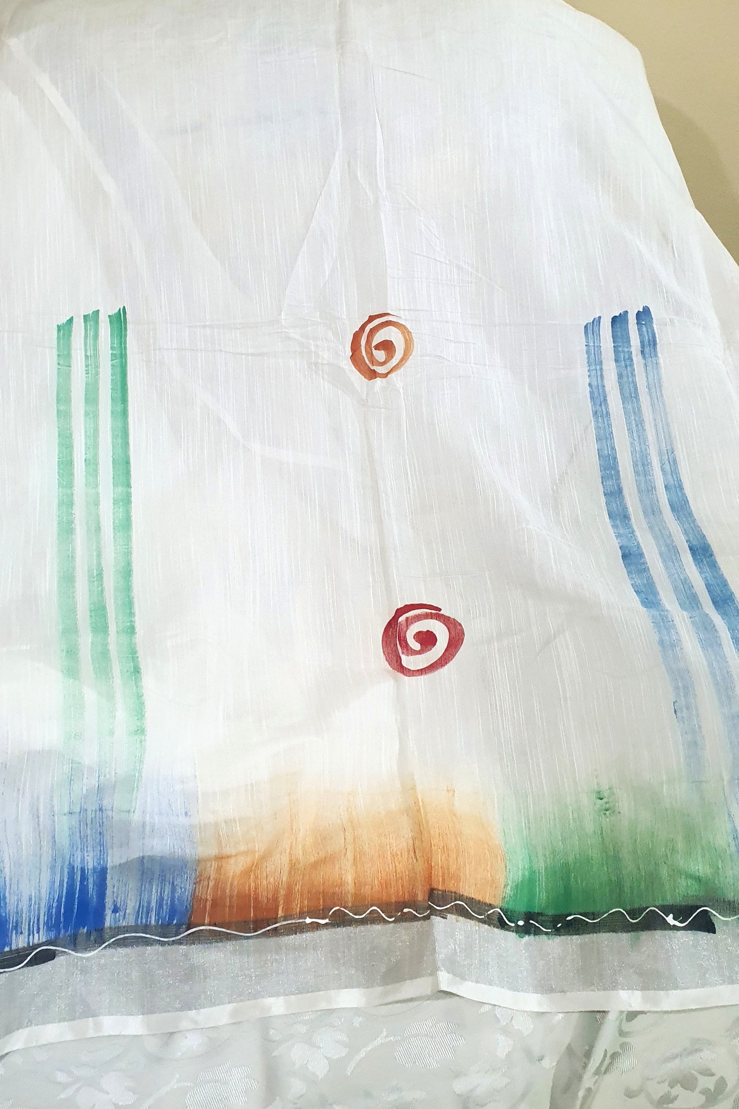 White hand painted cotton saree