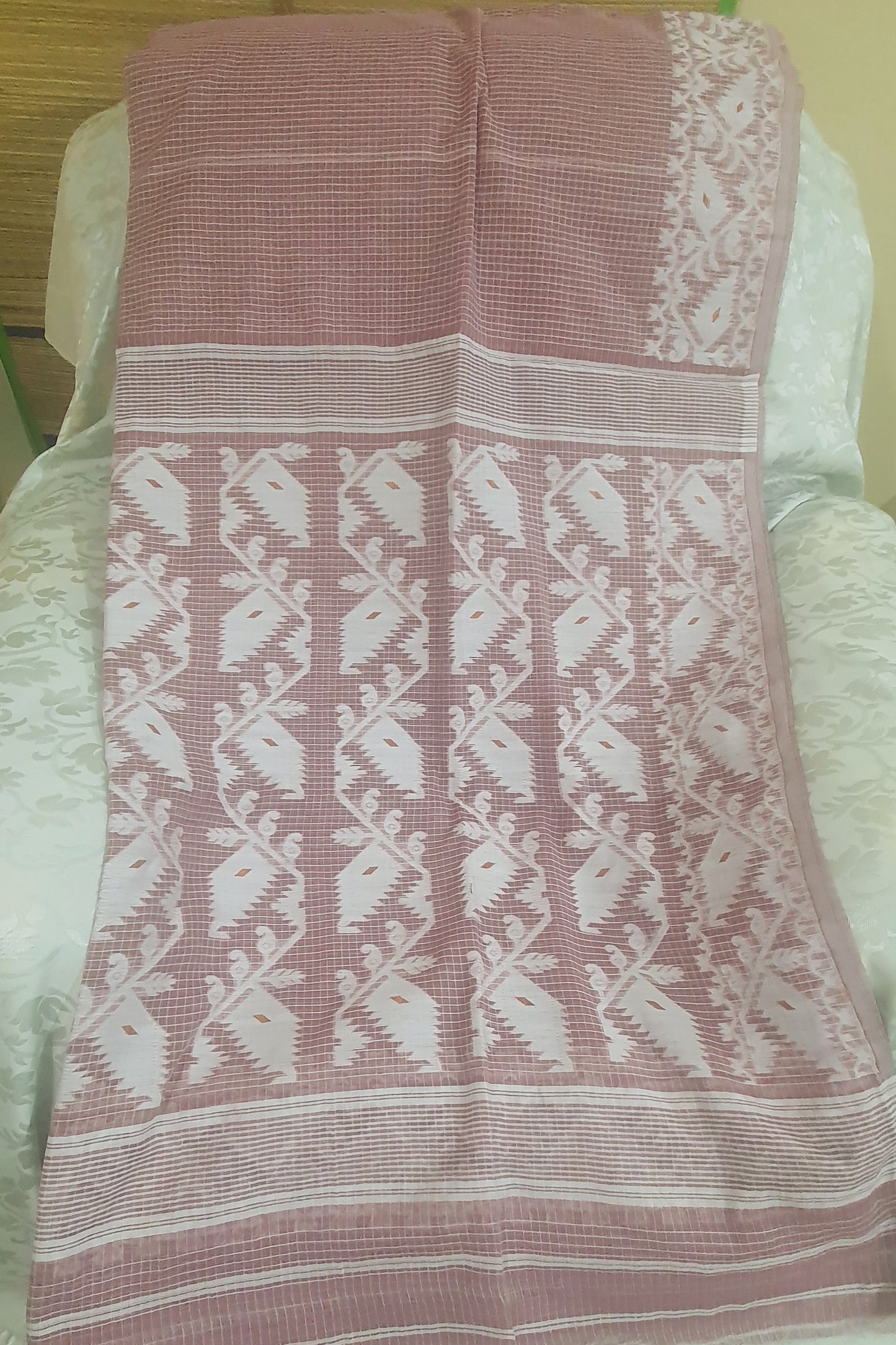 Mauve check jamdani cotton saree