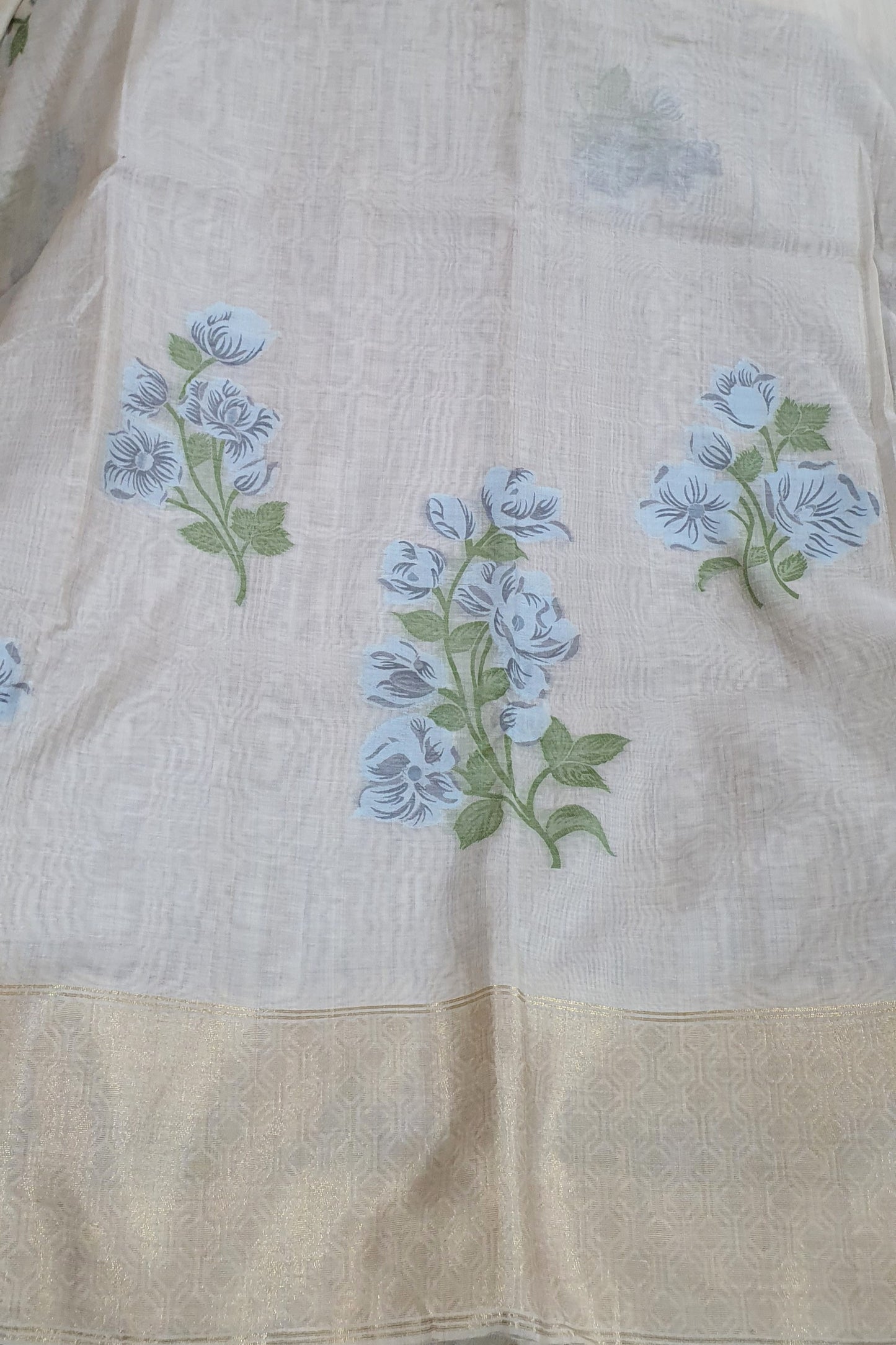 Blue OffWhite Pure Muslin Cotton Saree