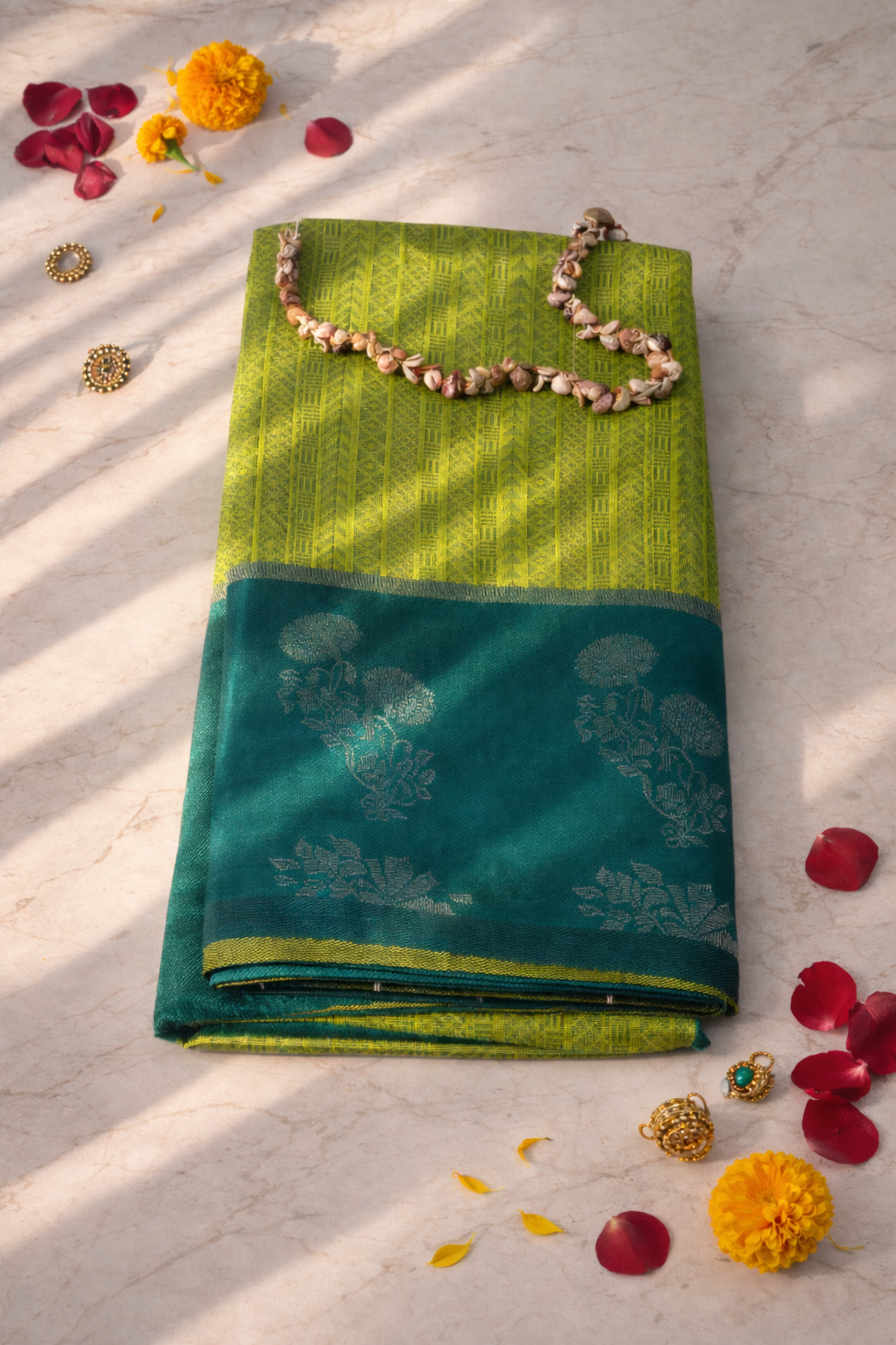 Neon Yellow Soft Silk Saree with Green Border | KOONJITHA