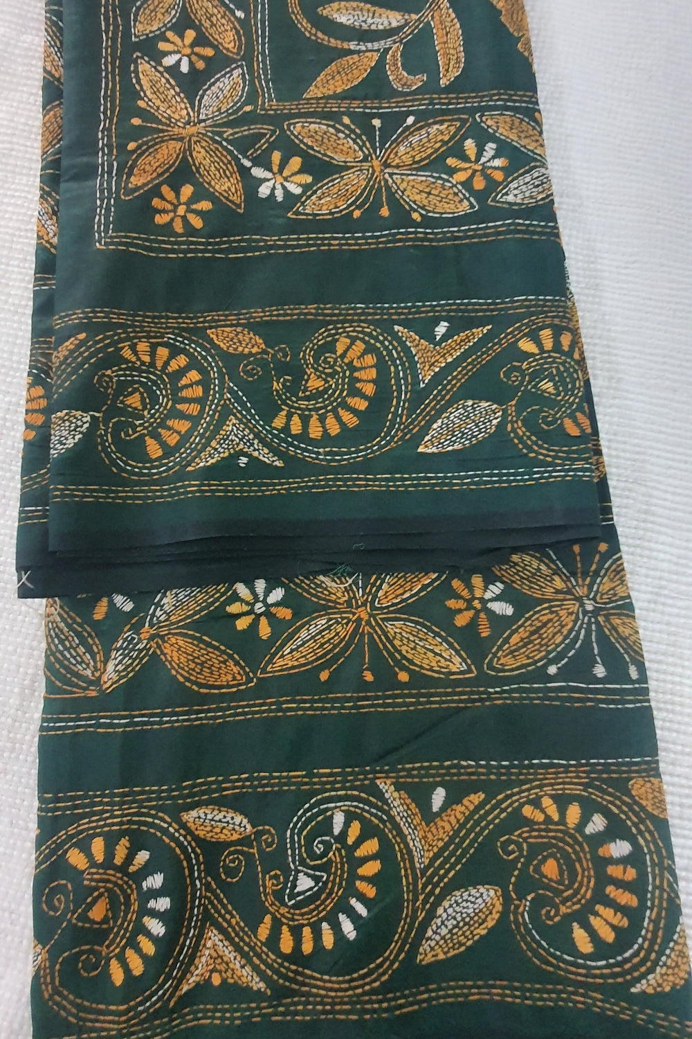 Dark Green Hand Kantha Stitch Saree
