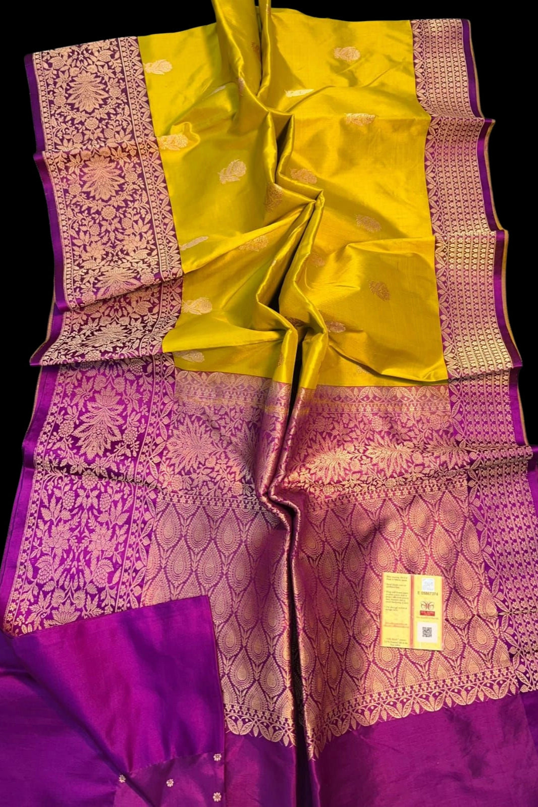 Yellow Pure Handloom katan Banarasi