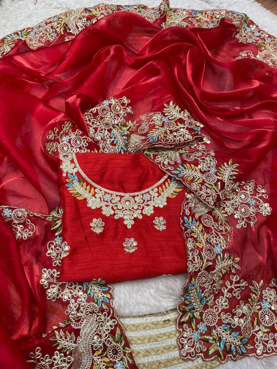 Red Satin Tissue Saree - Heena mam