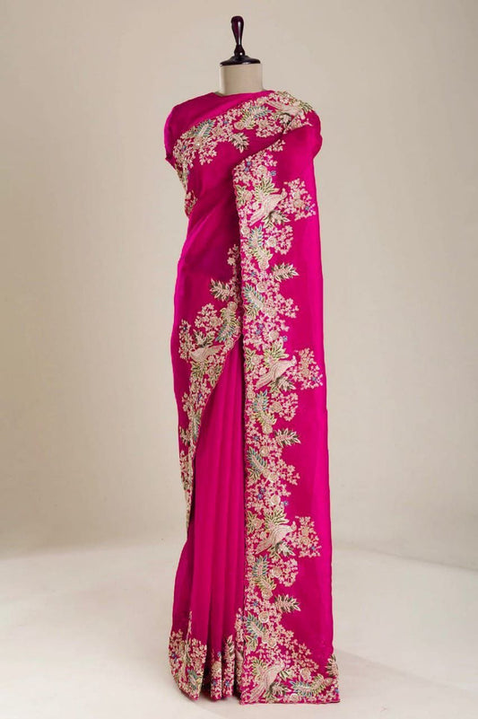 Rani Pink Satin Tissue Saree - Heena Mam