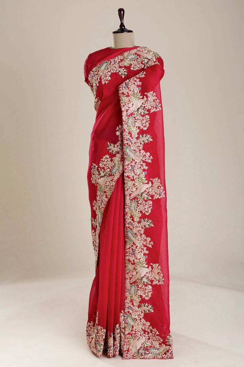 Red Satin Tissue Saree - Heena mam