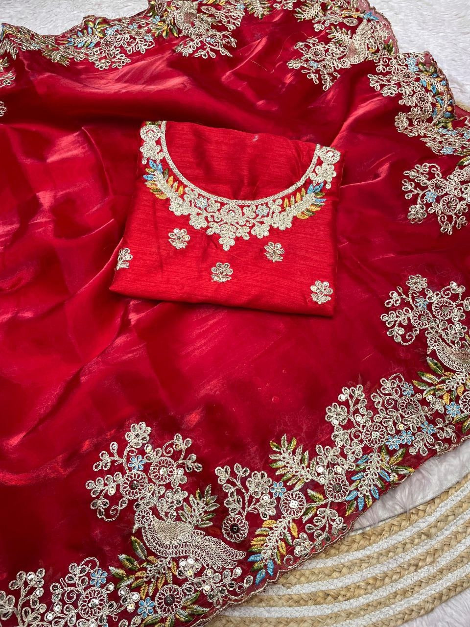 Red Satin Tissue Saree - Heena mam