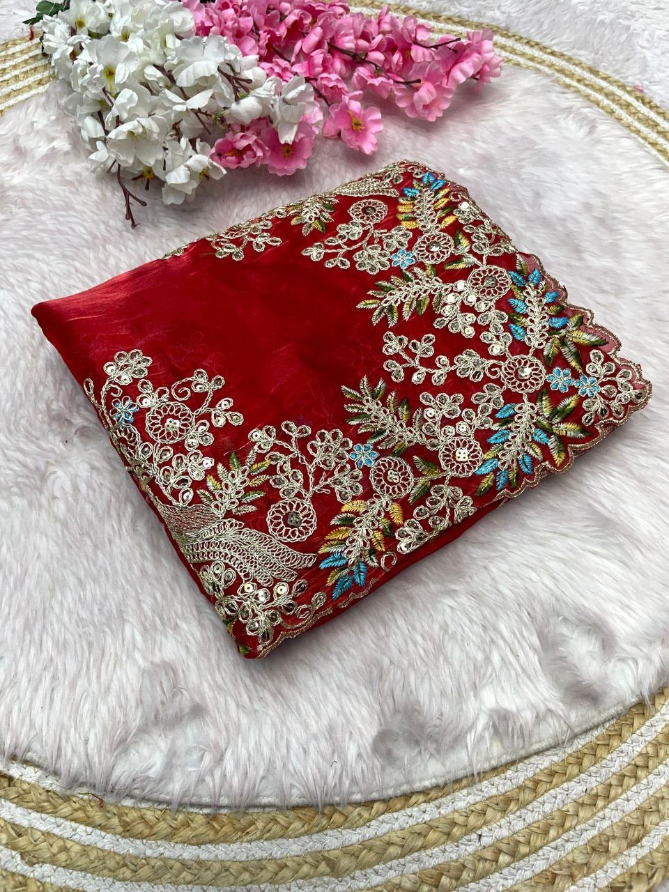 Red Satin Tissue Saree - Heena mam