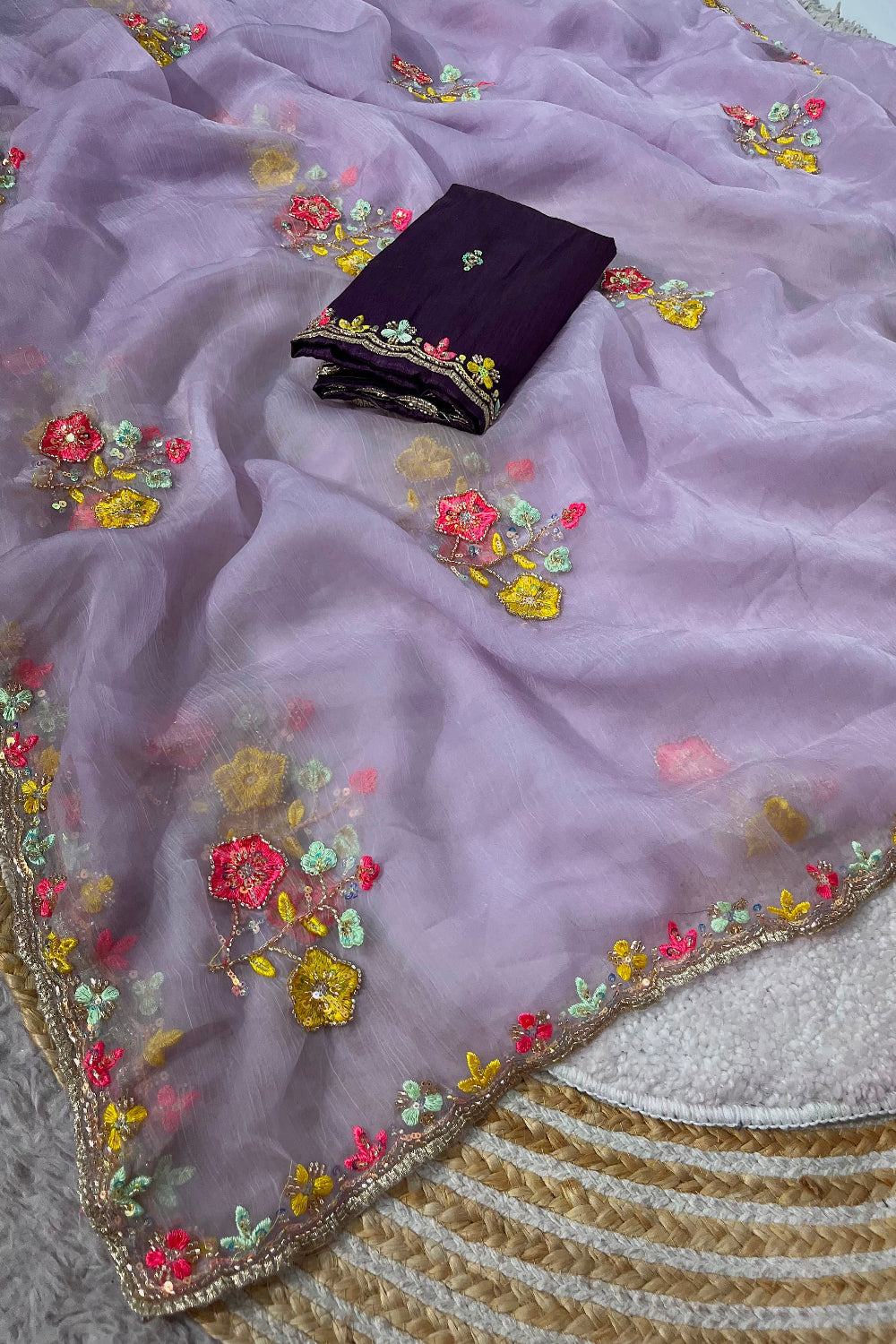 Lavender gold crush fabric festive wear saree