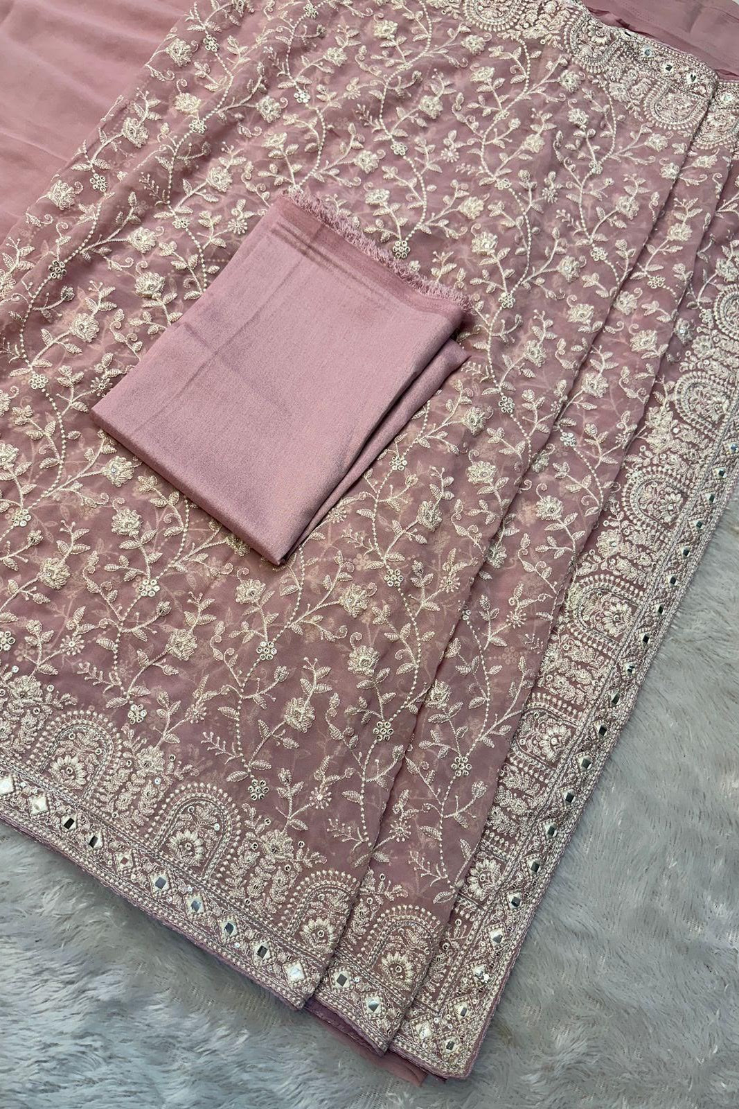 Pink heavy chikankari work festive wear saree