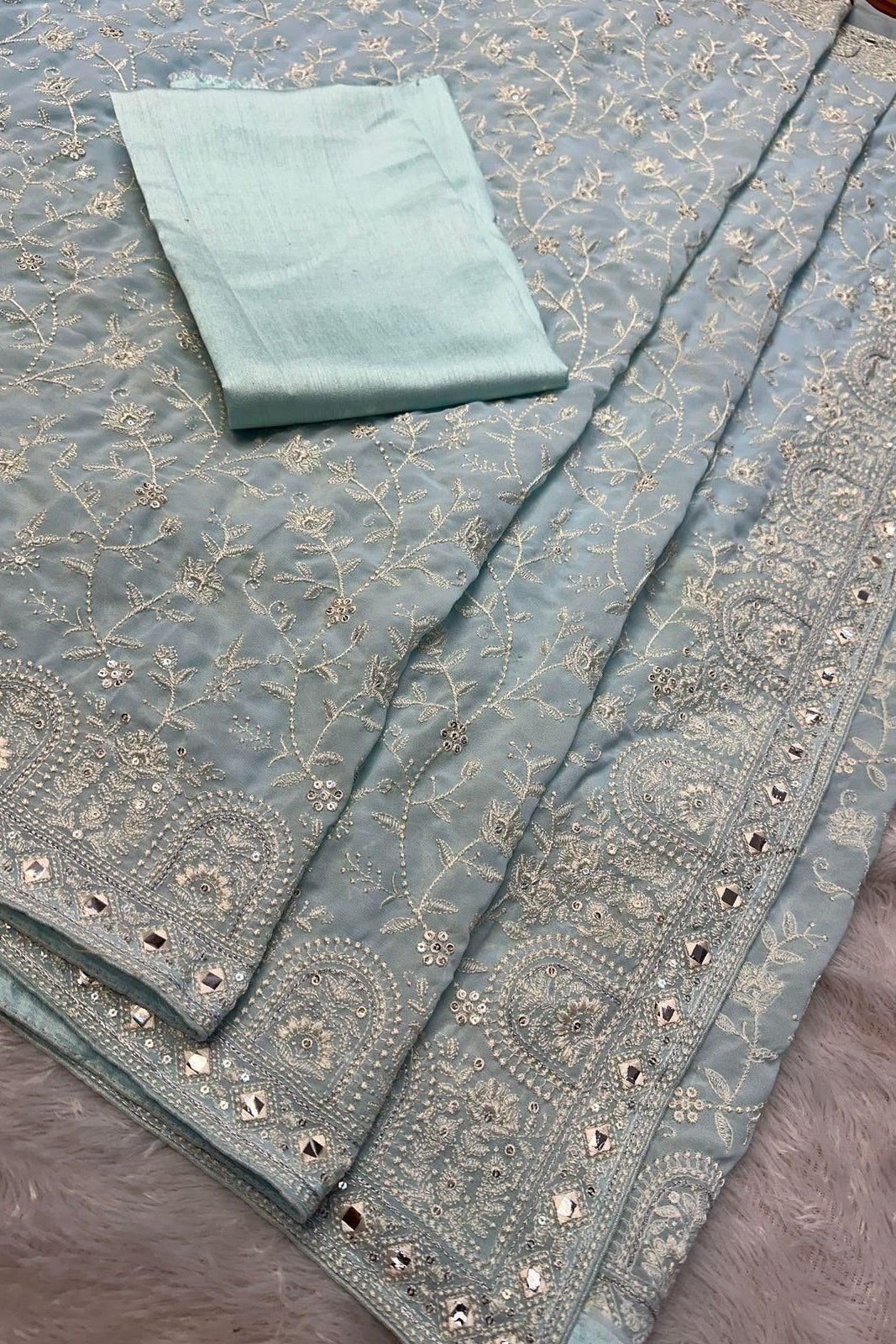 Ice Blue heavy chikankari work festive wear saree