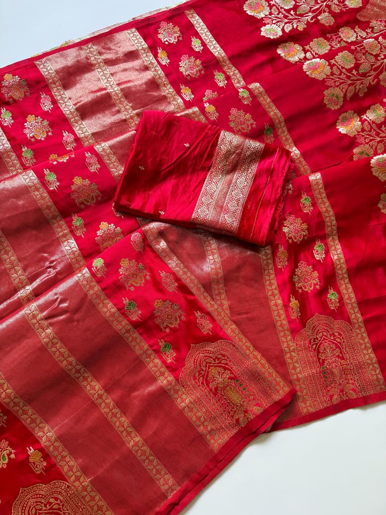 Red meenakari weaving work festive wear saree