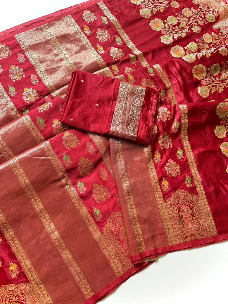 Red meenakari weaving work festive wear saree