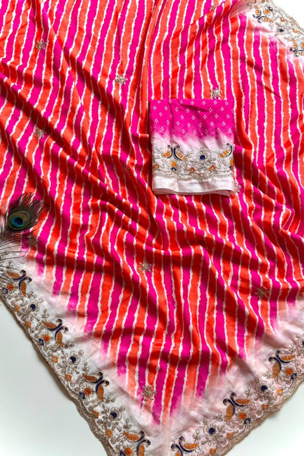 Pink Orange Lehriya print embroidary work festive wear saree