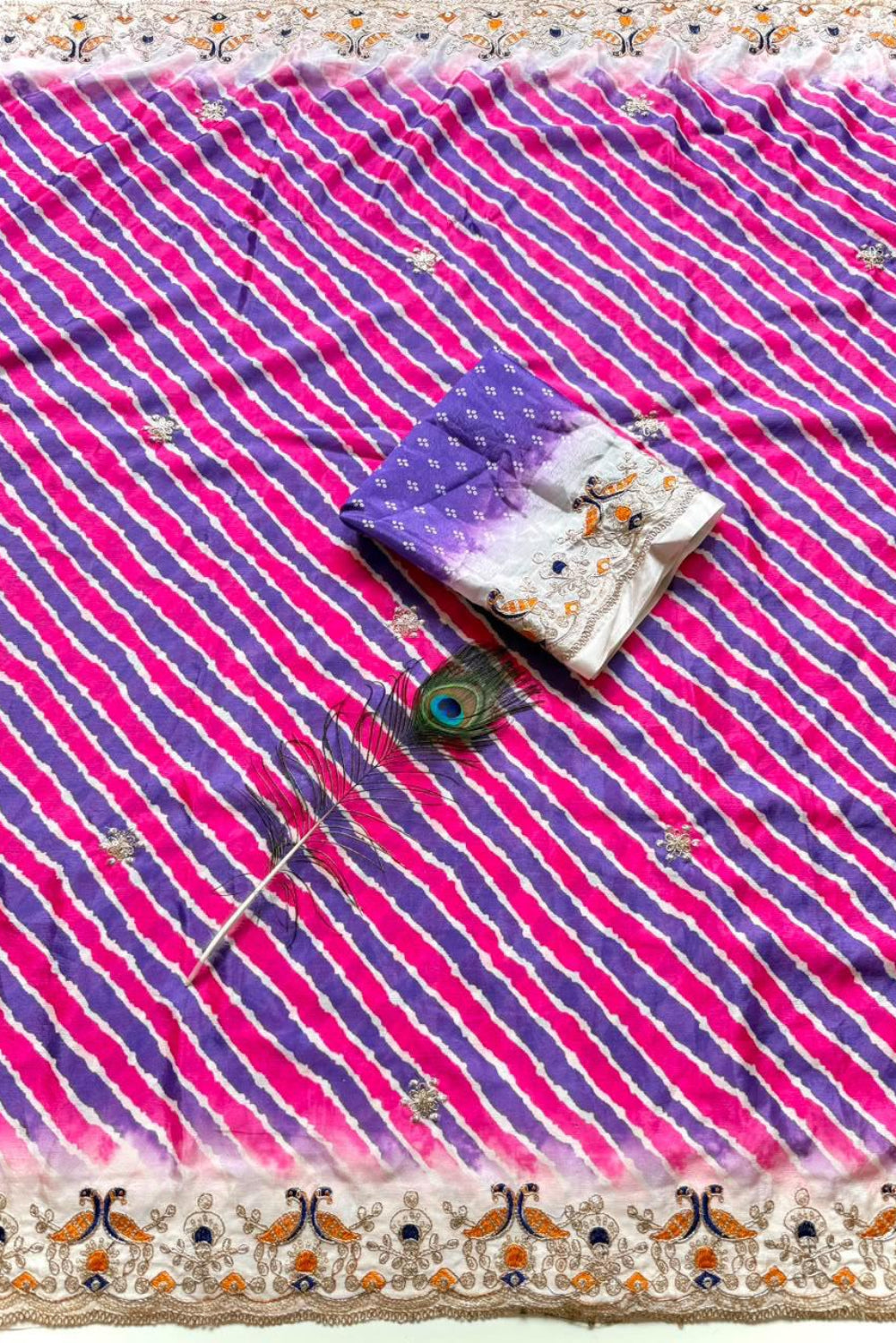Pink Violet Lehriya print embroidary work festive wear saree
