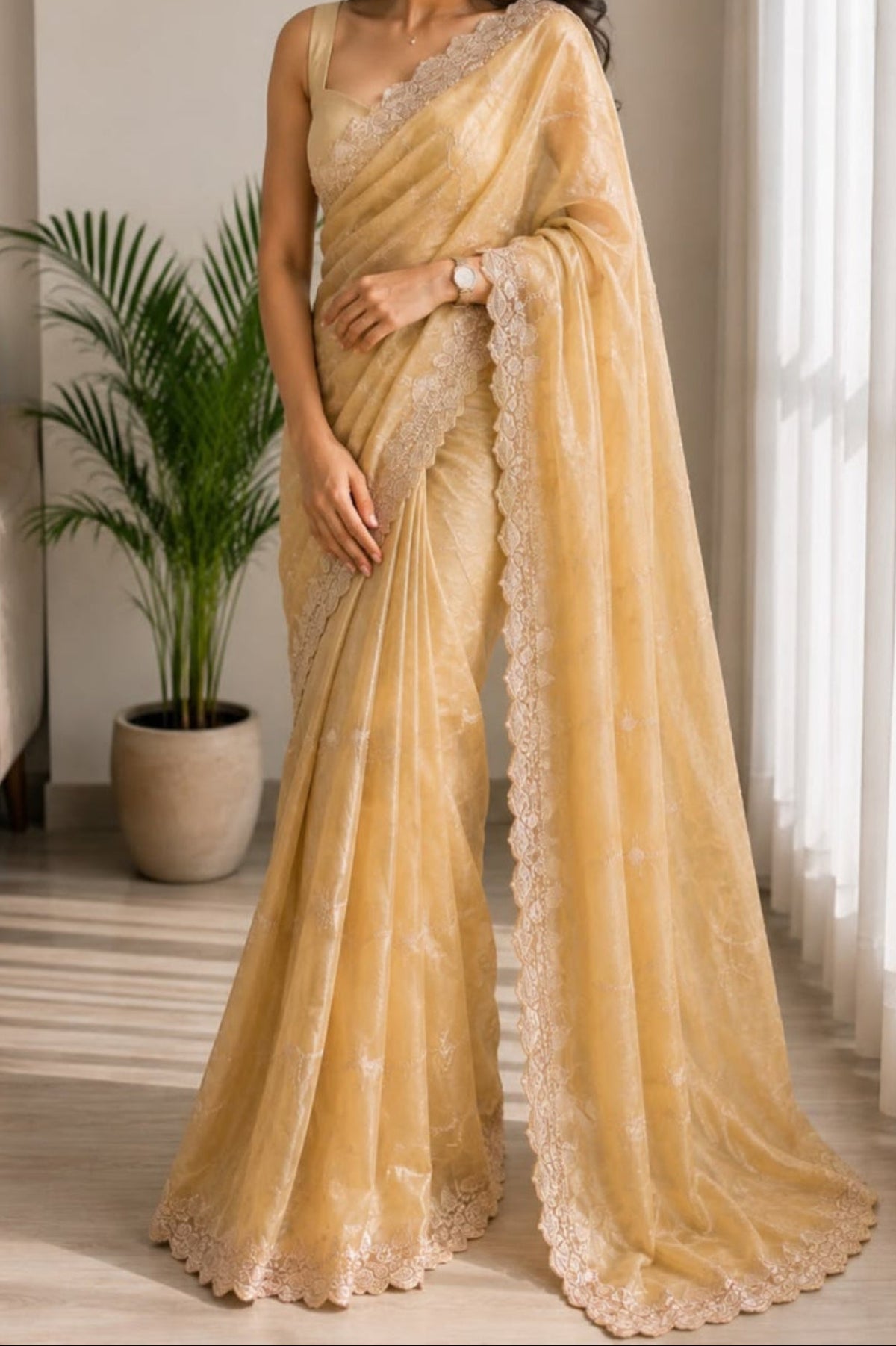 Golden embroidery work saree