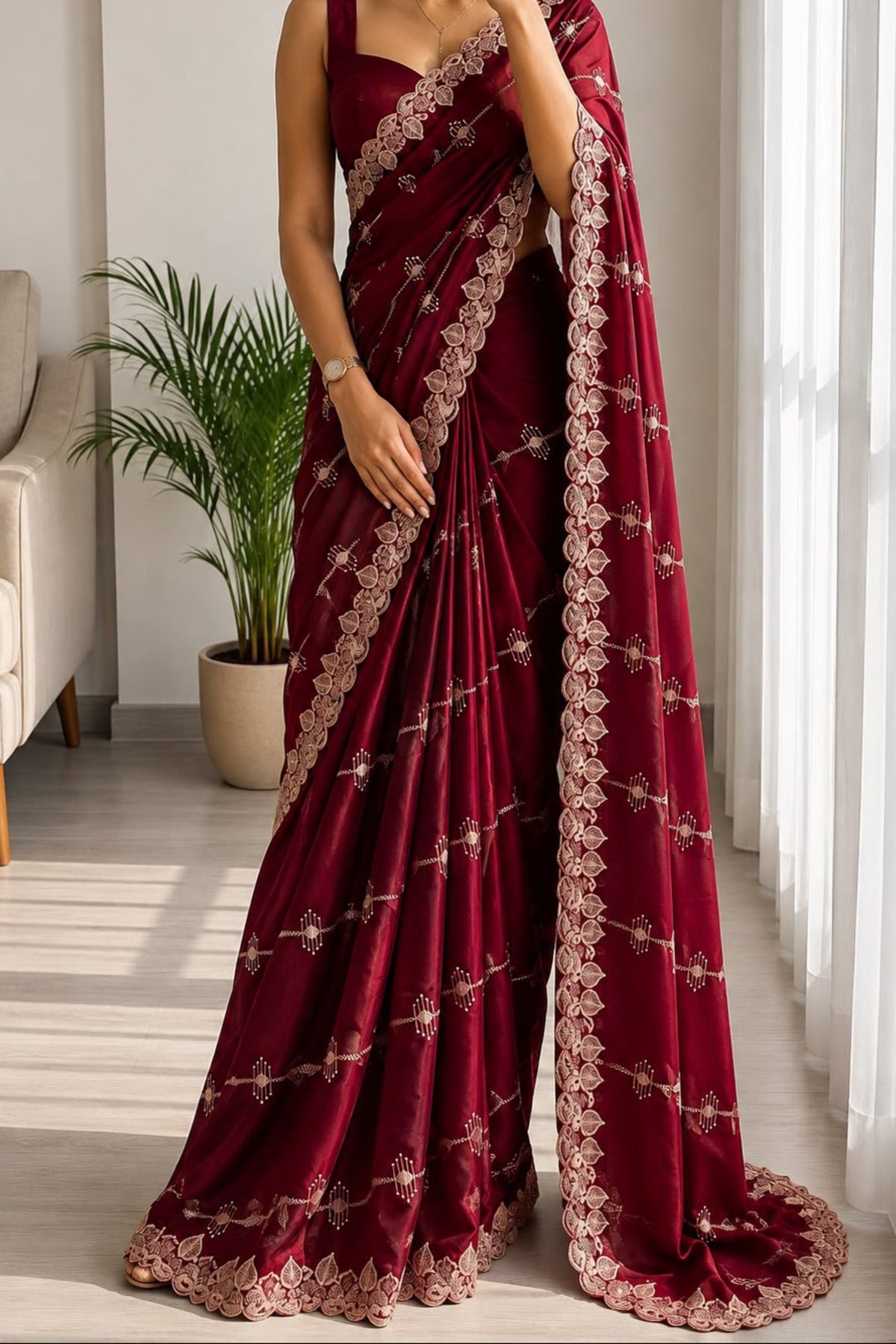 Maroon embroidery work saree