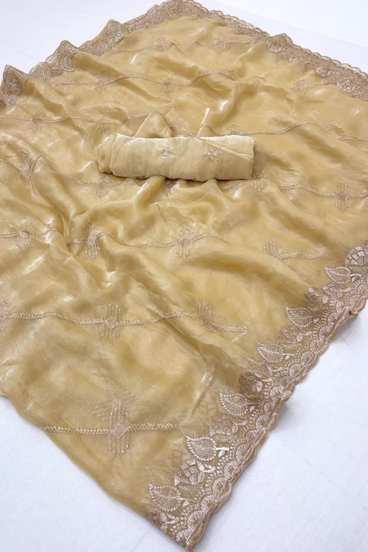 Golden embroidery work saree