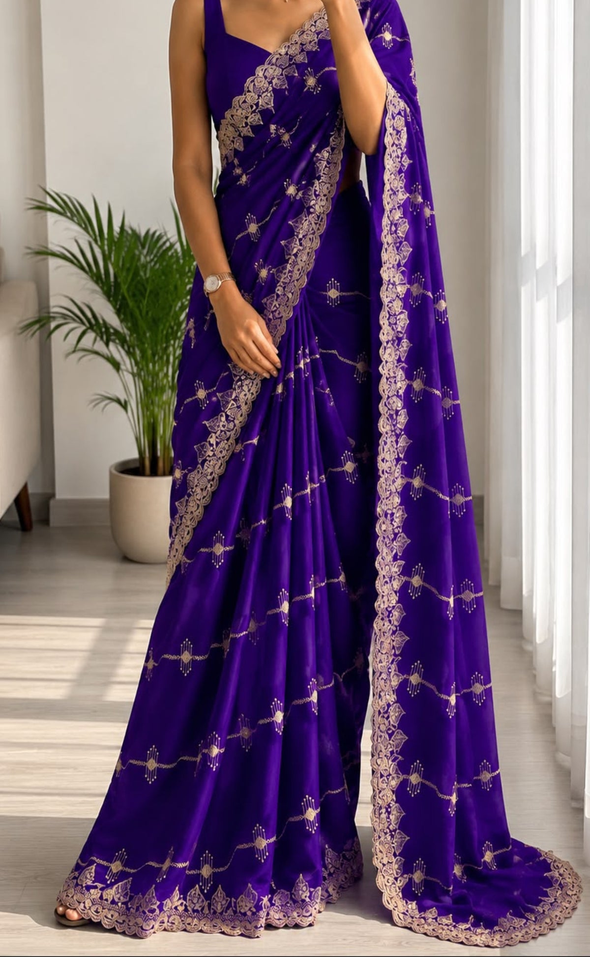 Blue Violet embroidery work saree