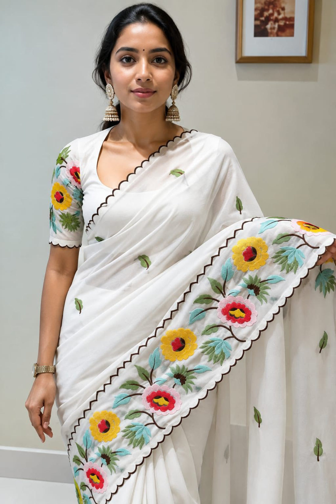 White embroidery work saree