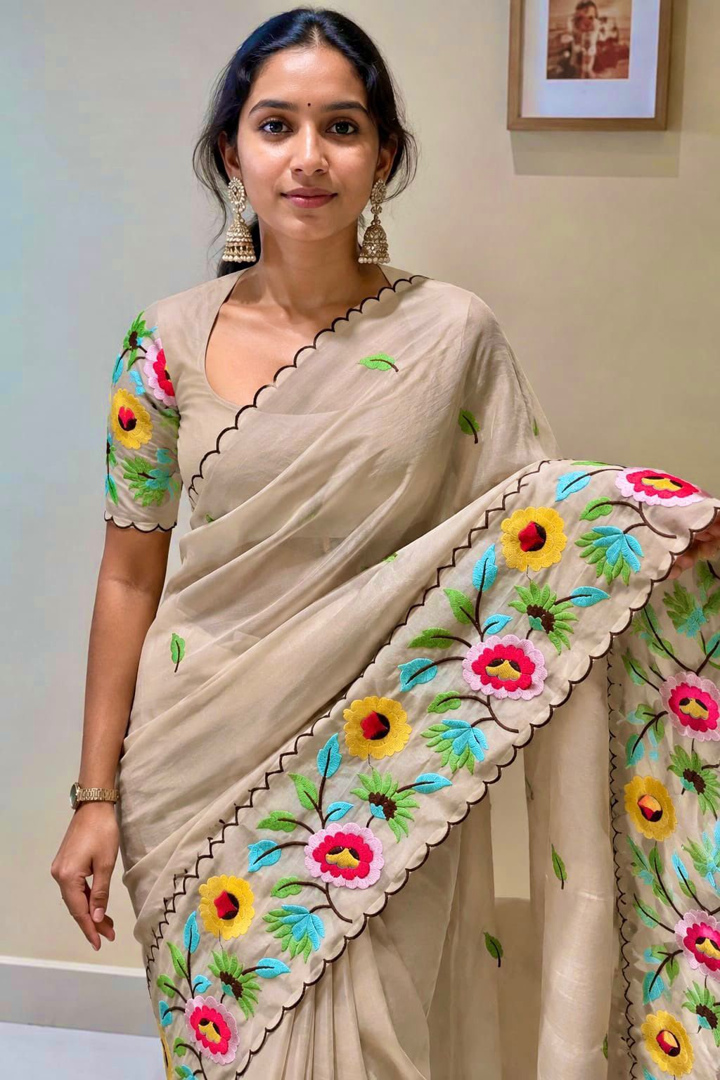 Beige embroidery work saree