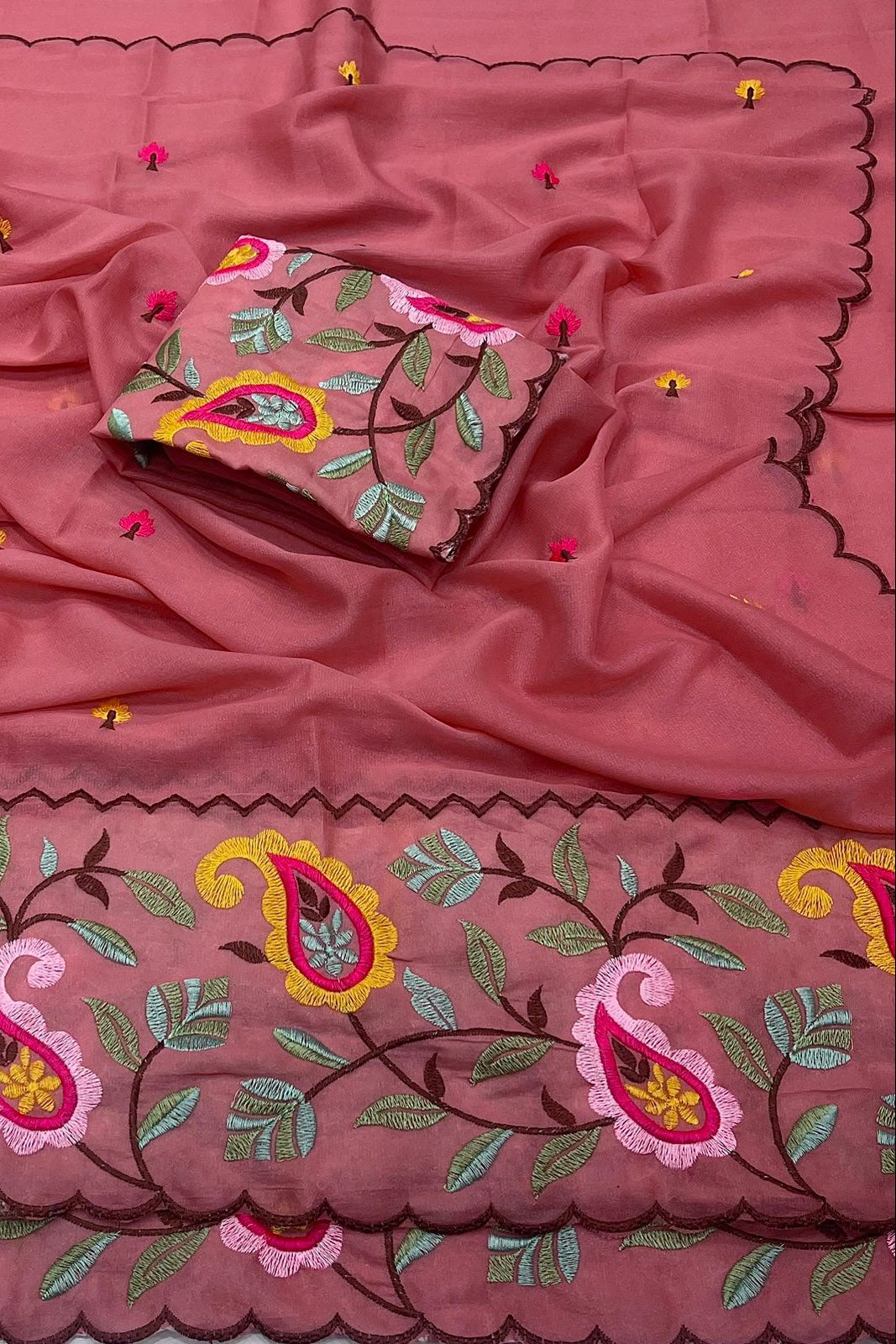 Pink embroidery work saree