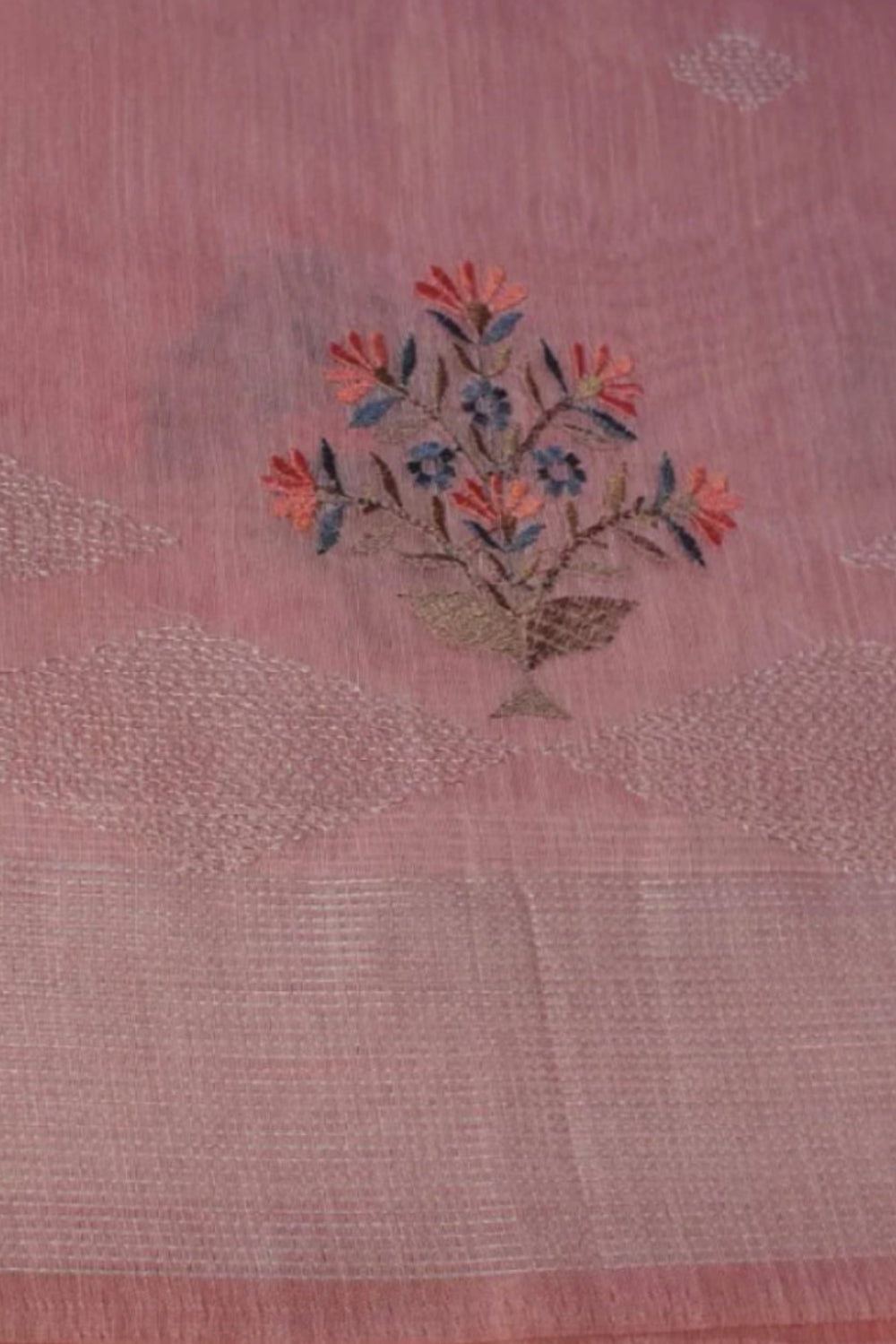 Peach Embroidery Linen Saree