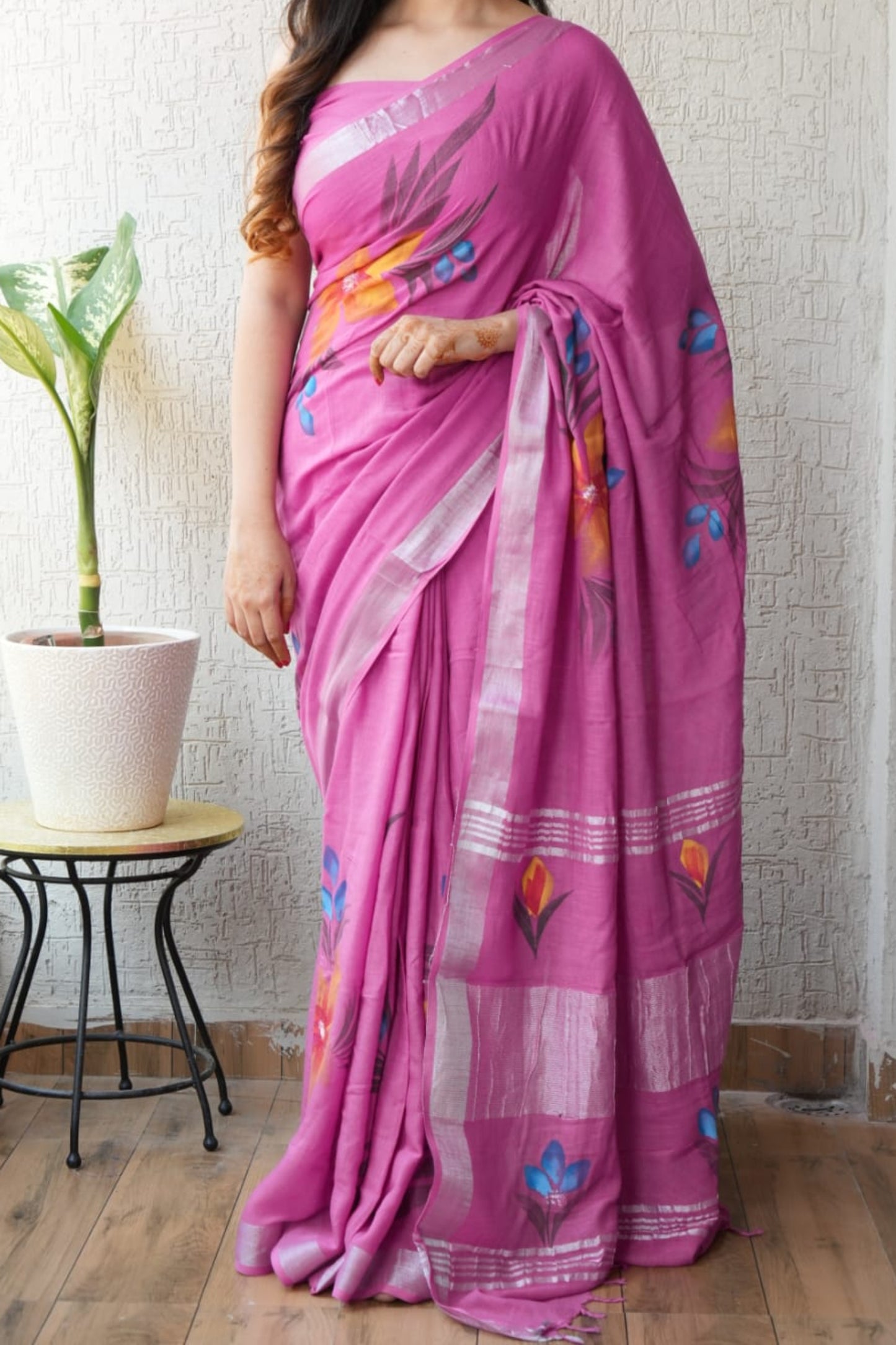 Pink Linen cotton Saree