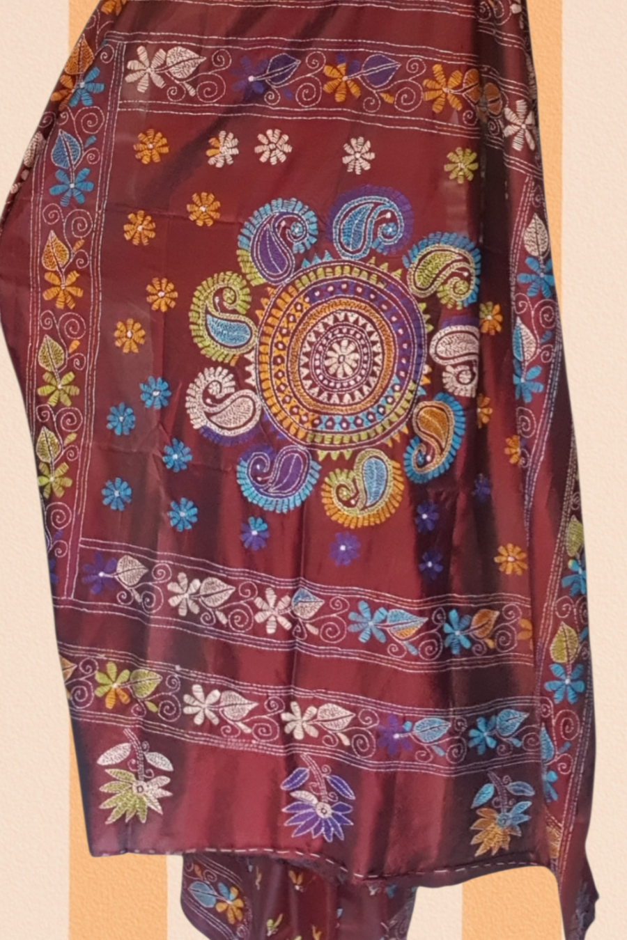 hand kantha stitch maroon saree