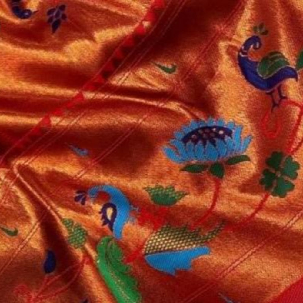 Deep Green Dual color saree with orange base copper thread weaving work. Silk Saree, Paithani Saree, Maharastrian Saree. party wear wedding shadi godh bharayi