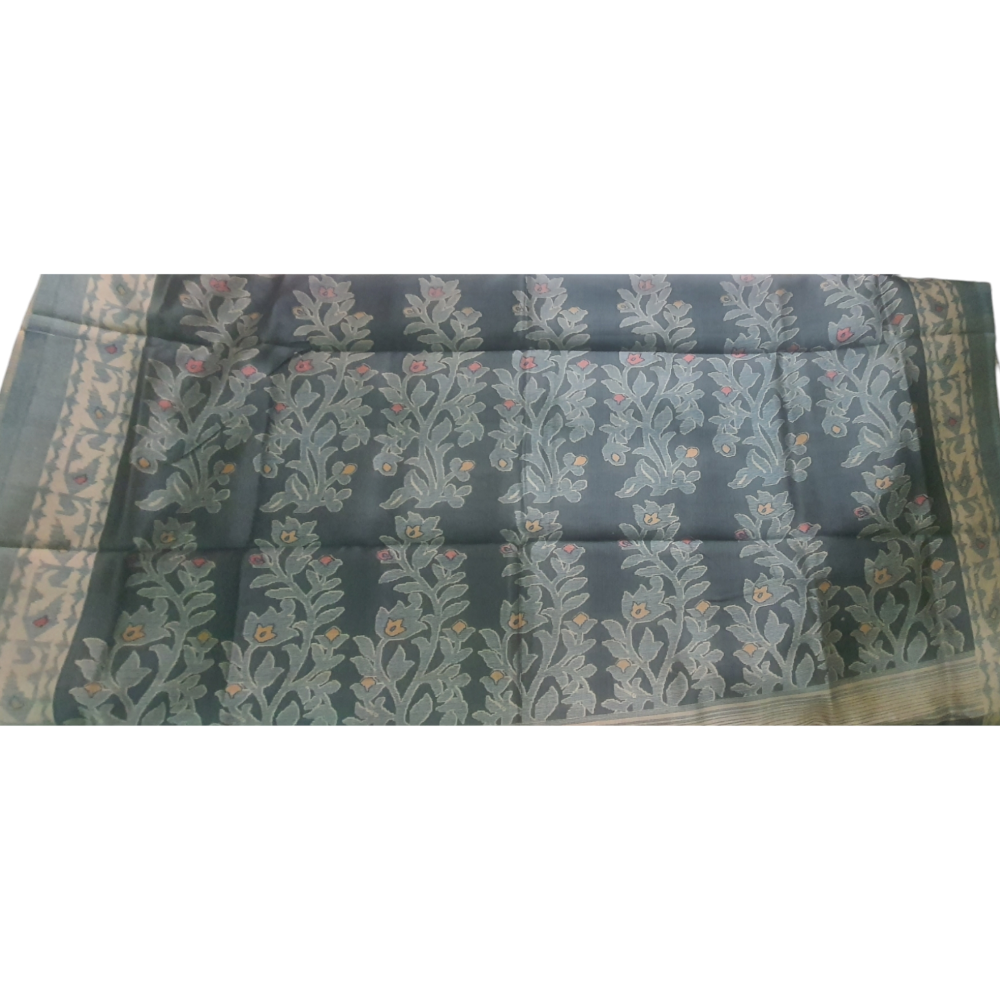 Zne Beige Green Tussar Saree