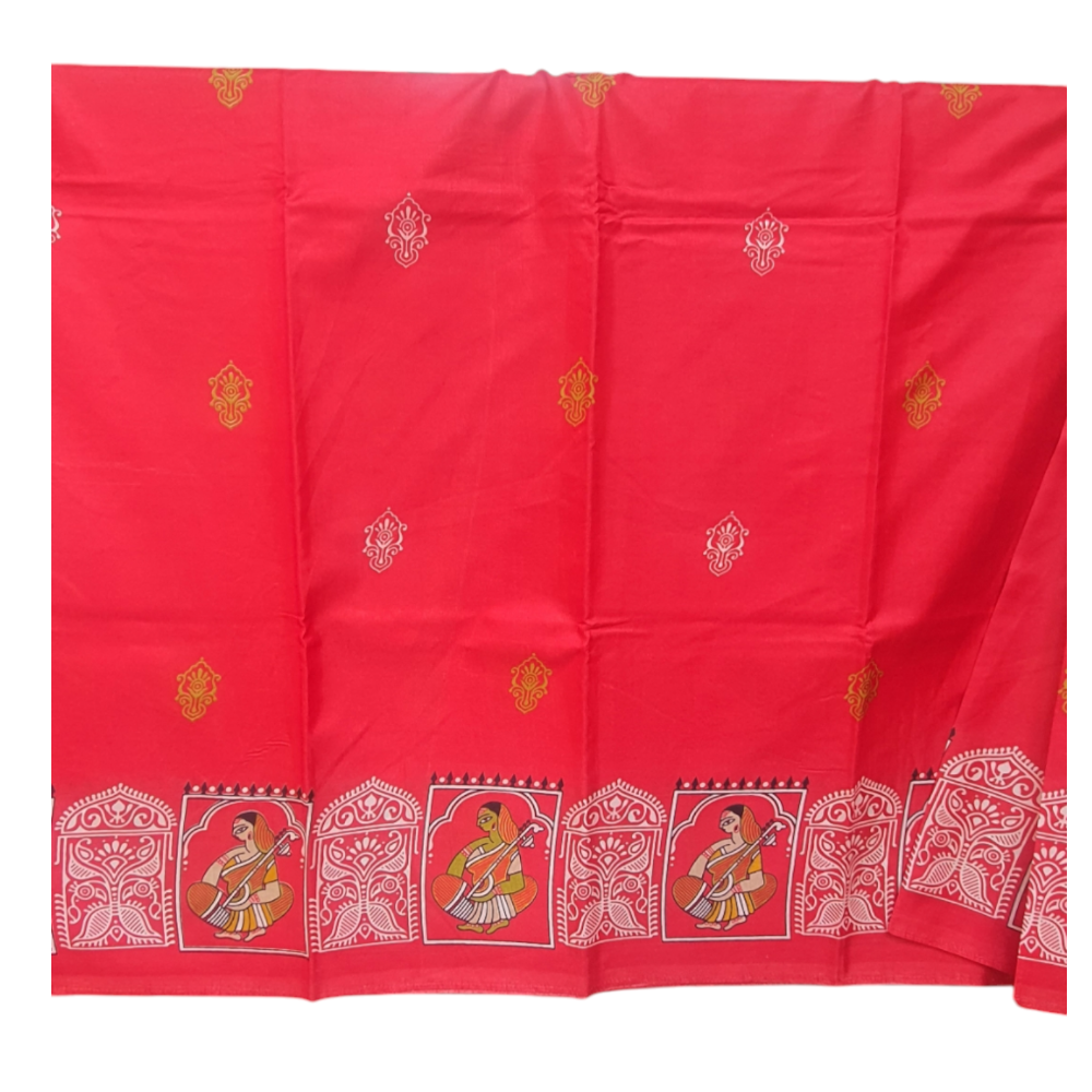 Red semi tussar printed saree