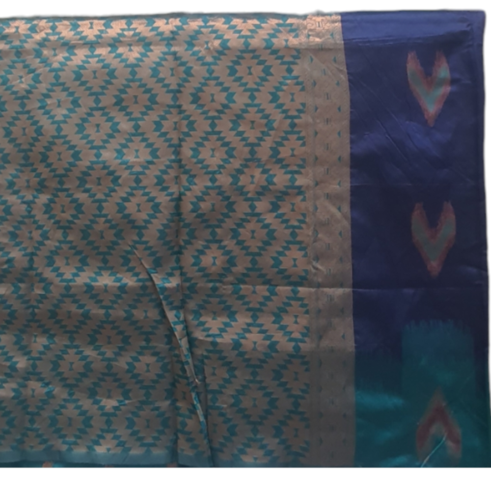 Blended silk Dark Blue color saree with contrast green color border ikkat saree Semi silk saree sari wedding shadi office wear office party easy to carry light weight