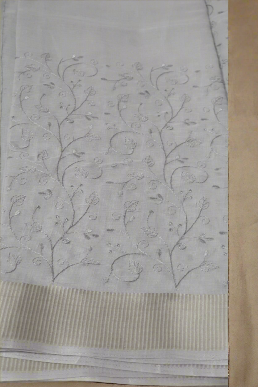 Grey Linen Saree Pure Linen Embroidery
