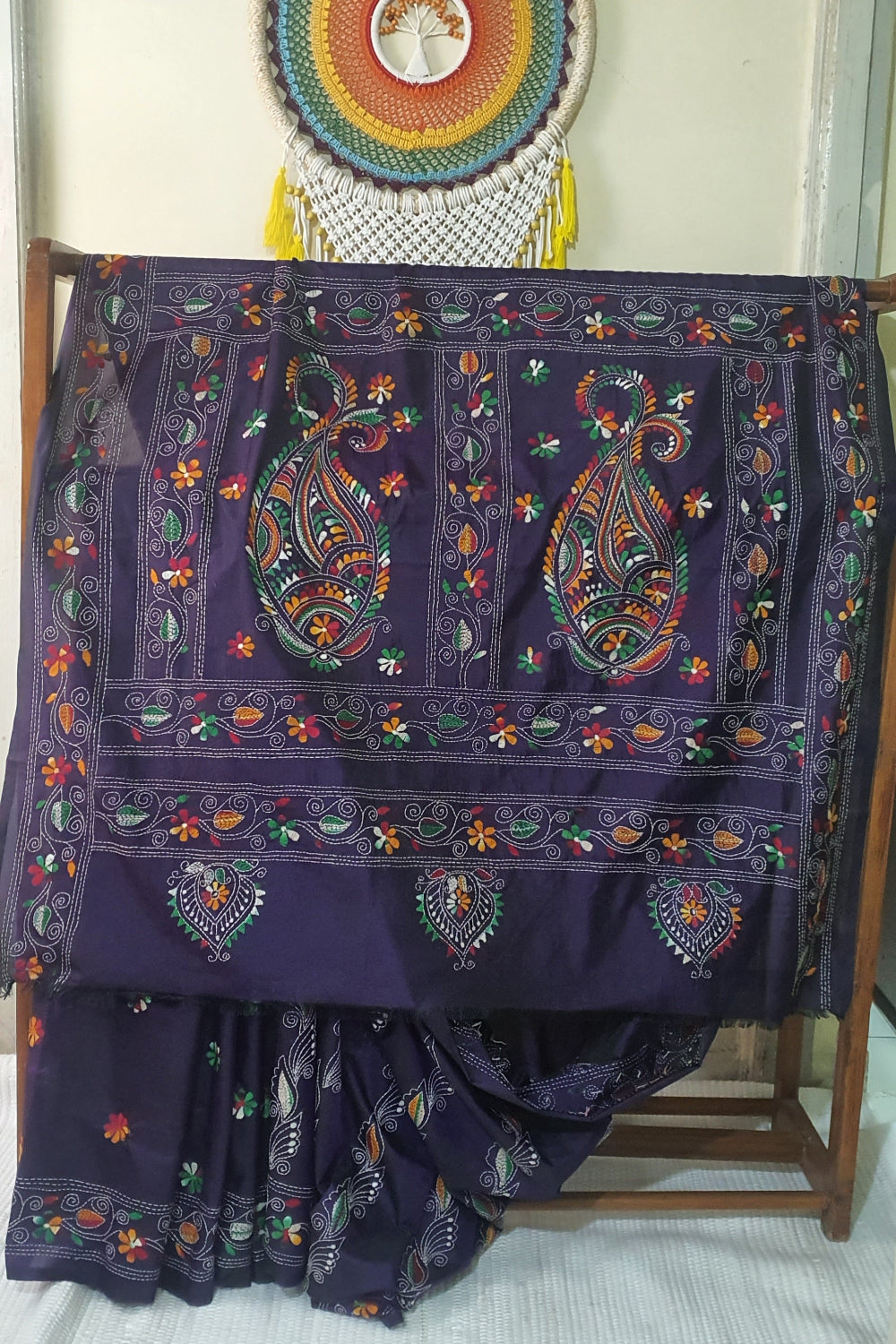 violet kantha Stitch Saree