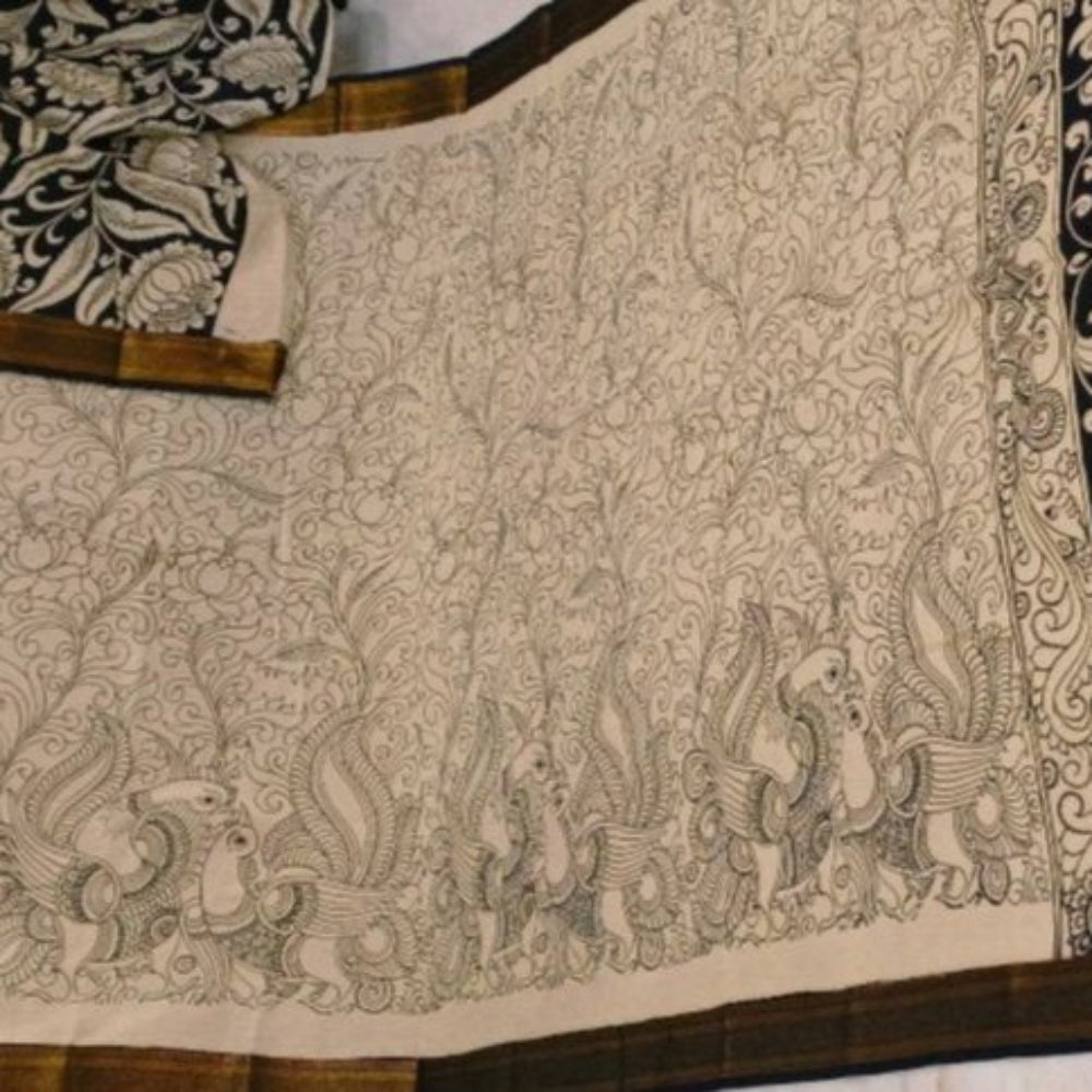 pen drawn handpainted kalamkari saree pure mangalgiri silk