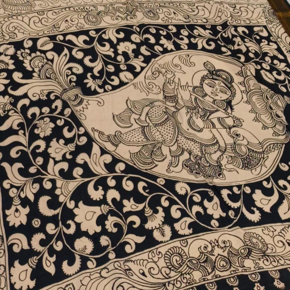 pen drawn handpainted kalamkari saree pure mangalgiri silk