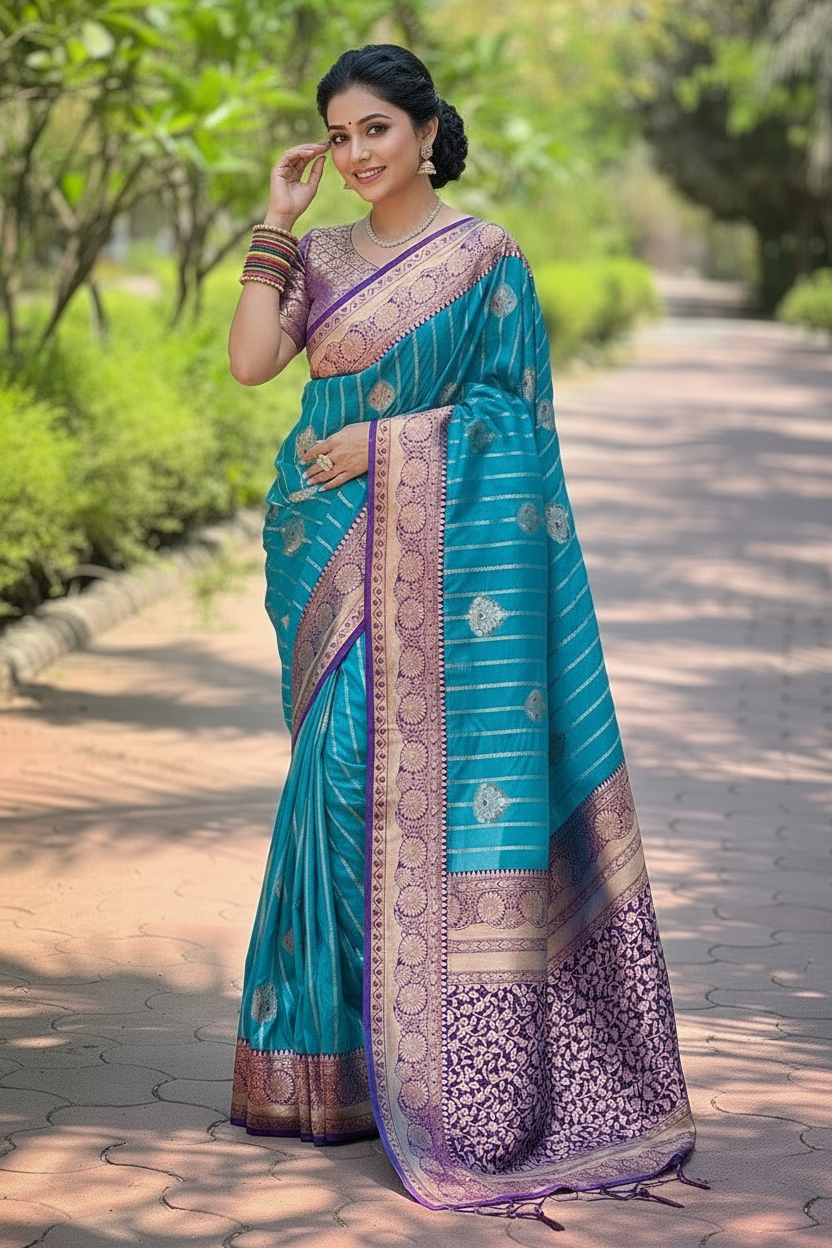 blue saree with golden border embroidery