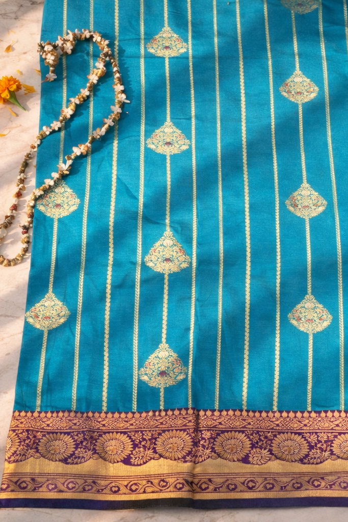 blue saree with golden border embroidery