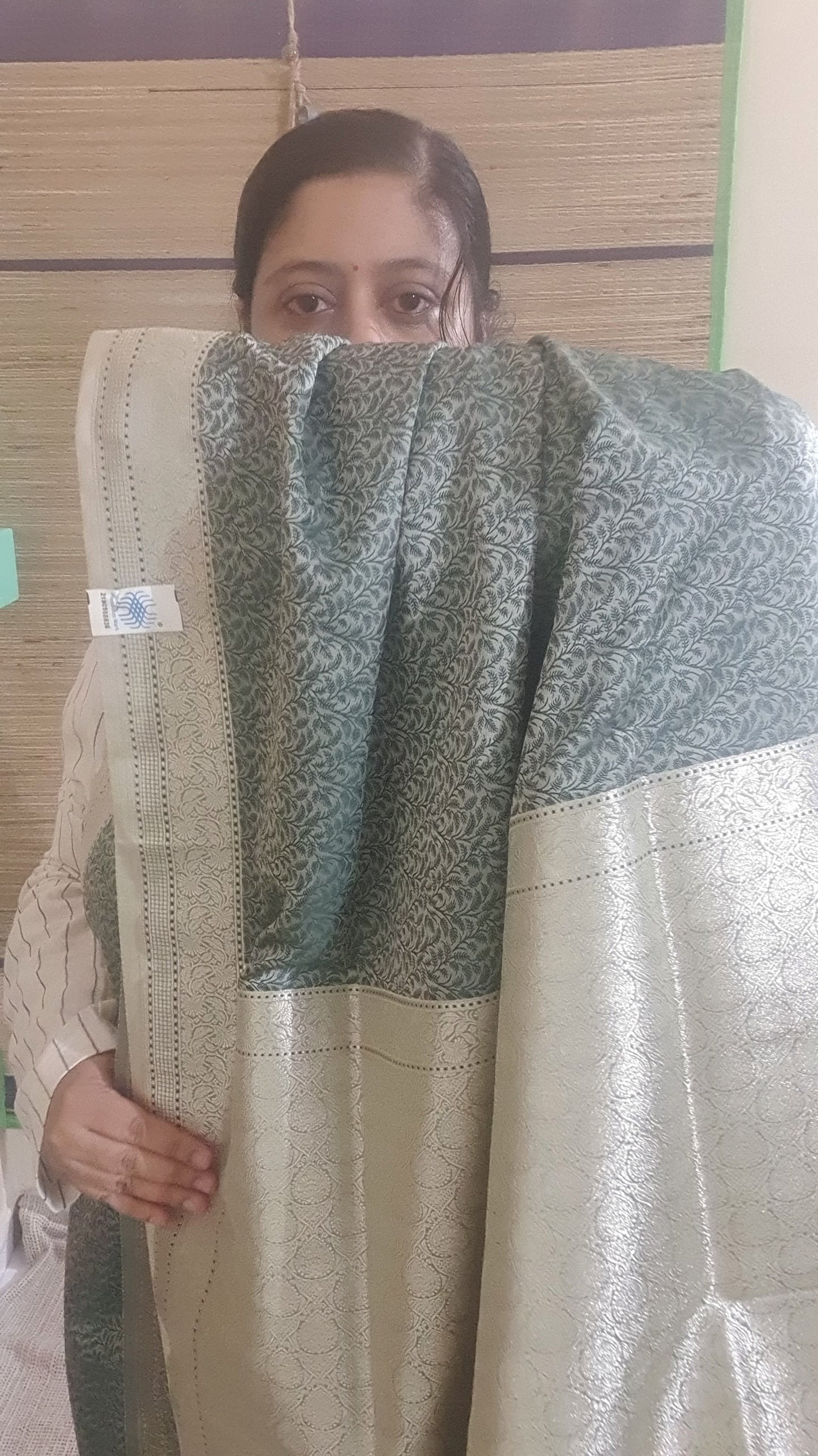 Green Leafs on Silver Pure Luxury Banarasi Val Kalam