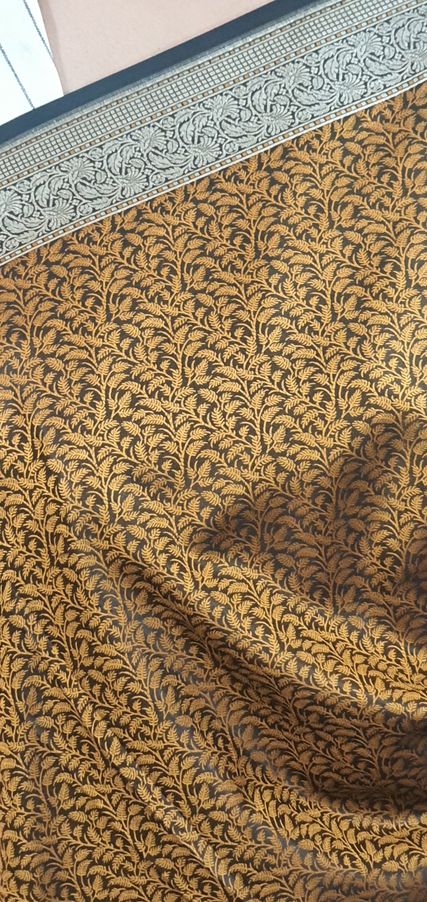 Mustard Yellow Leaf on Black Pure Luxury Banarasi Val Kalam