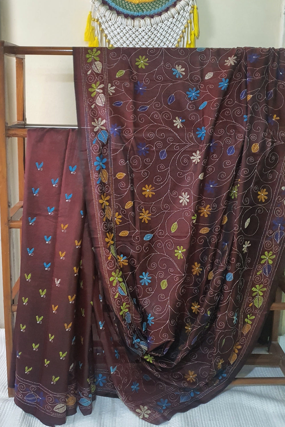 Maroon Kantha Stitch Saree