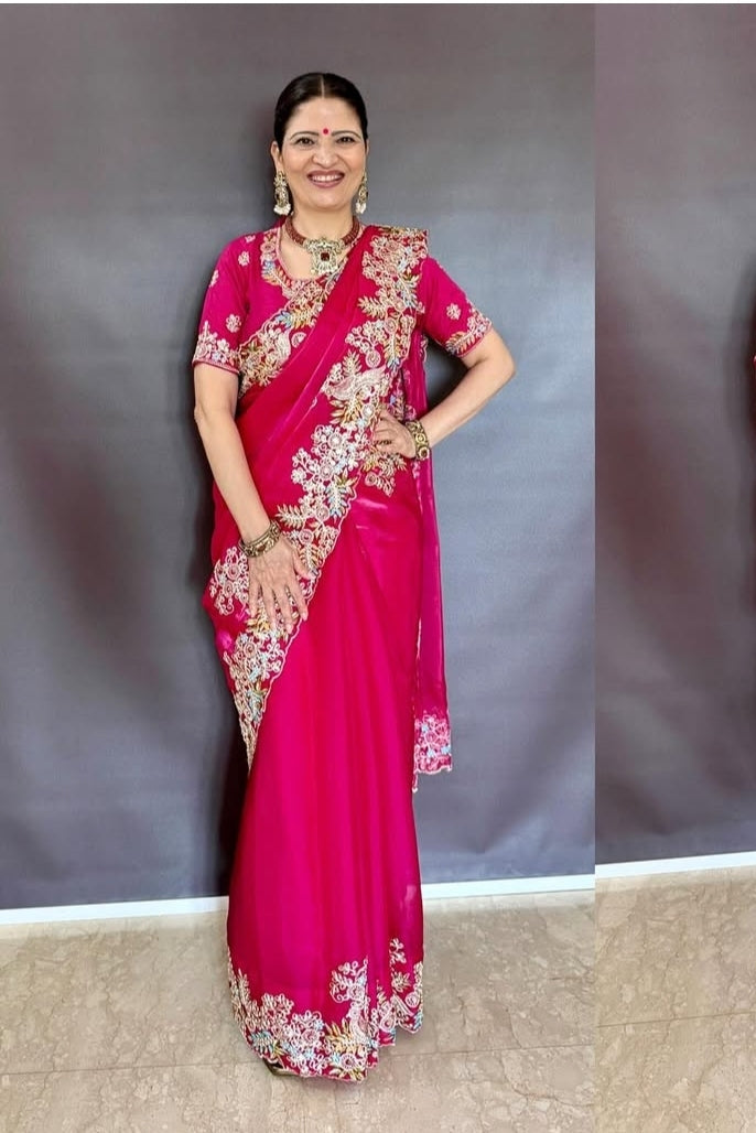 Rani Pink Satin Tissue Saree - Heena Mam