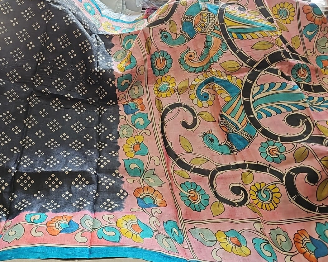 Pure handloom tussar black fusion handpainted saree