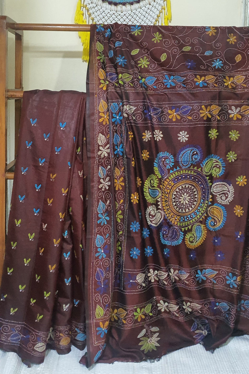 maroon kantha stitch saree