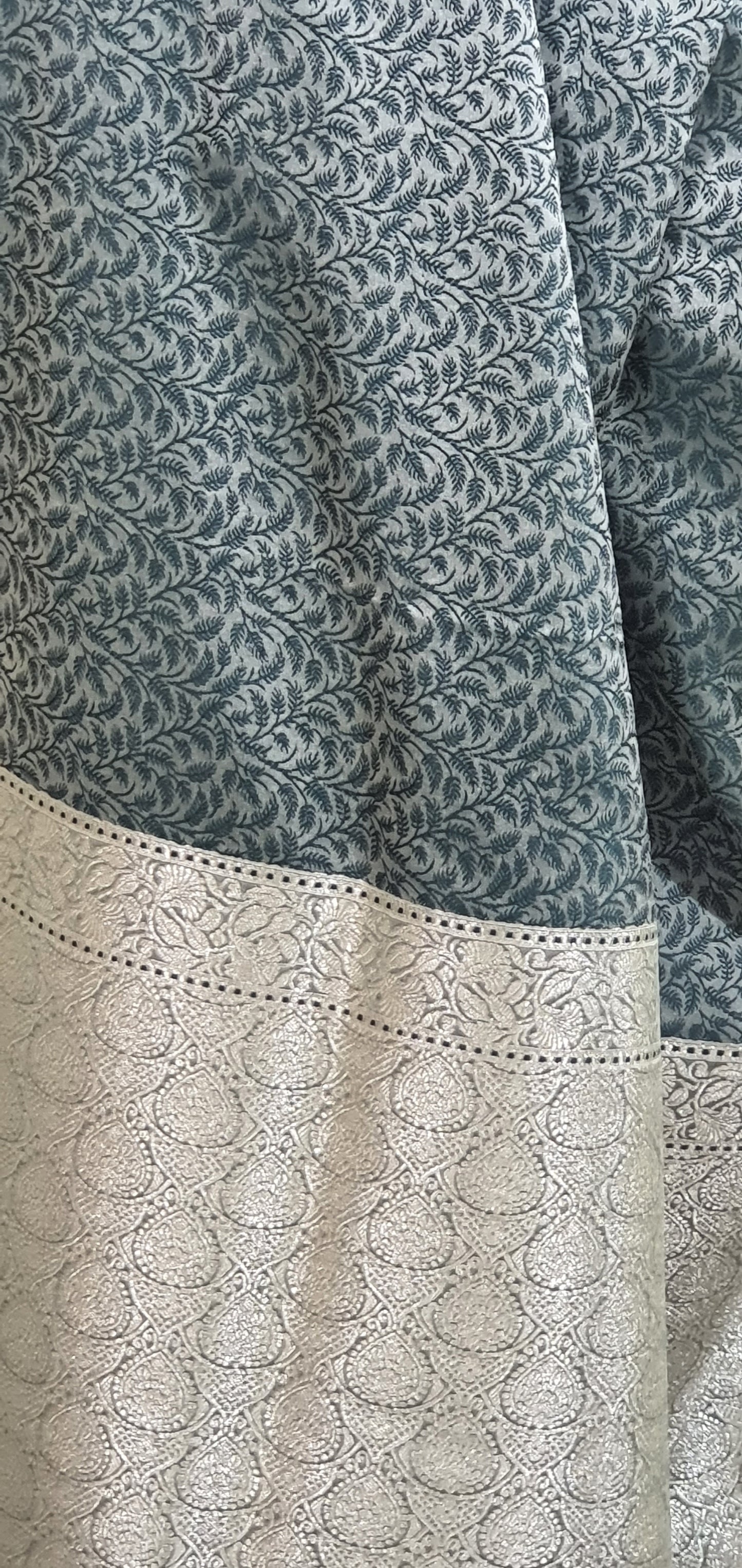 Green Leafs on Silver Pure Luxury Banarasi Val Kalam