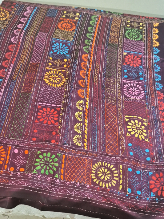 Mix color pure handmade kantha stitch saree