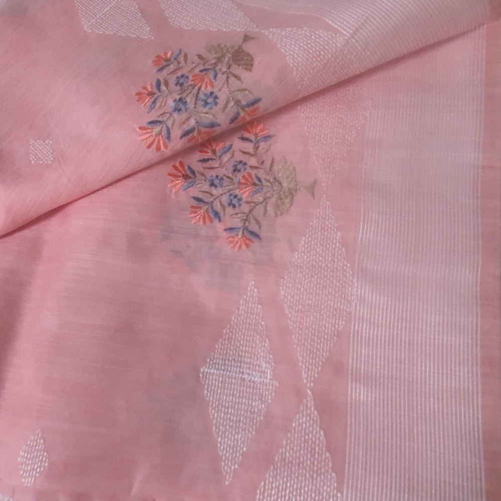 Peach Embroidery Linen Saree